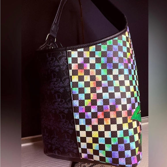 Ed Hardy Rose Skull Shoulder Bag Holographic Checkerboard Y2K - Picture 5 of 9
